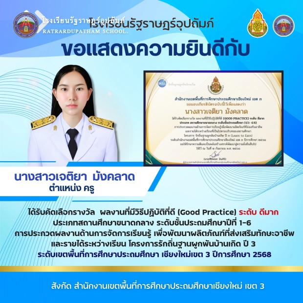 นางสาวเจติยา มังคลาด ตำแหน่ง ครู ที่ได้รับคัดเลือกรางวัล ผลงานที่มีวิธีปฏิบัติที่ดี (Good Practice) ระดับ ดีมาก